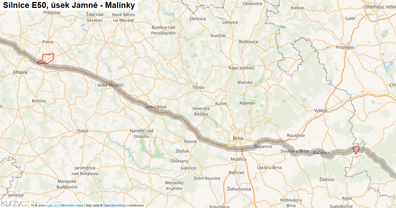 Úsek Jamné - Malínky, Silnice E50 - Mapa