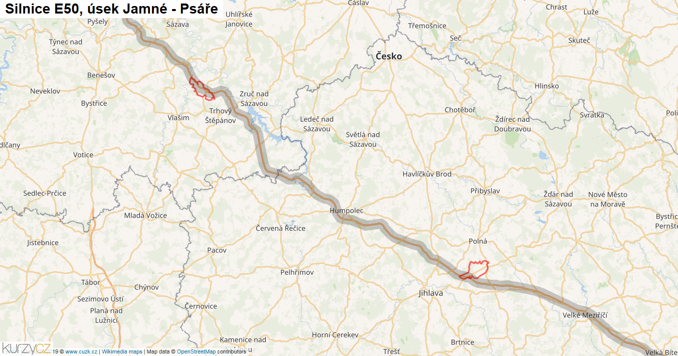 Úsek Jamné - Psáře, Silnice E50 - Mapa