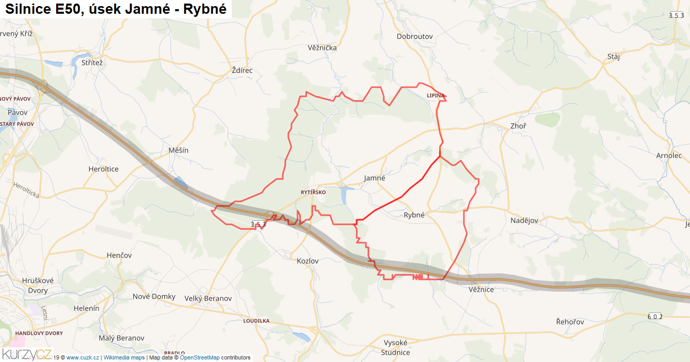 Úsek Jamné - Rybné, Silnice E50 - Mapa