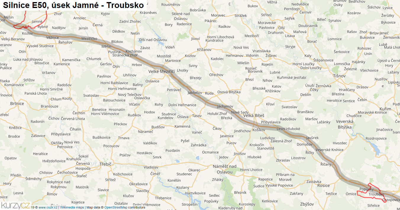 Úsek Jamné - Troubsko, Silnice E50 - Mapa