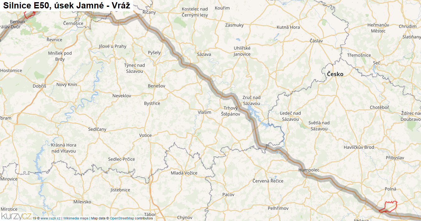 Úsek Jamné - Vráž, Silnice E50 - Mapa