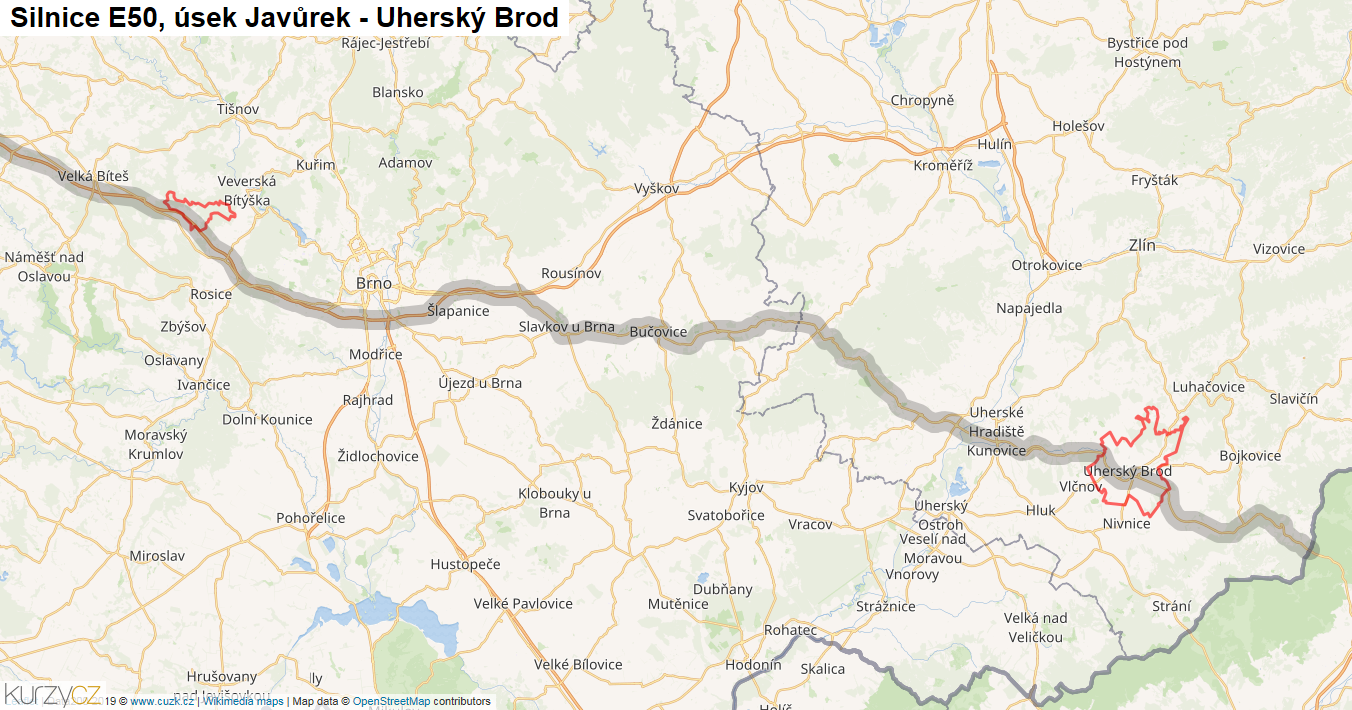 Úsek Javůrek - Uherský Brod, Silnice E50 - Mapa