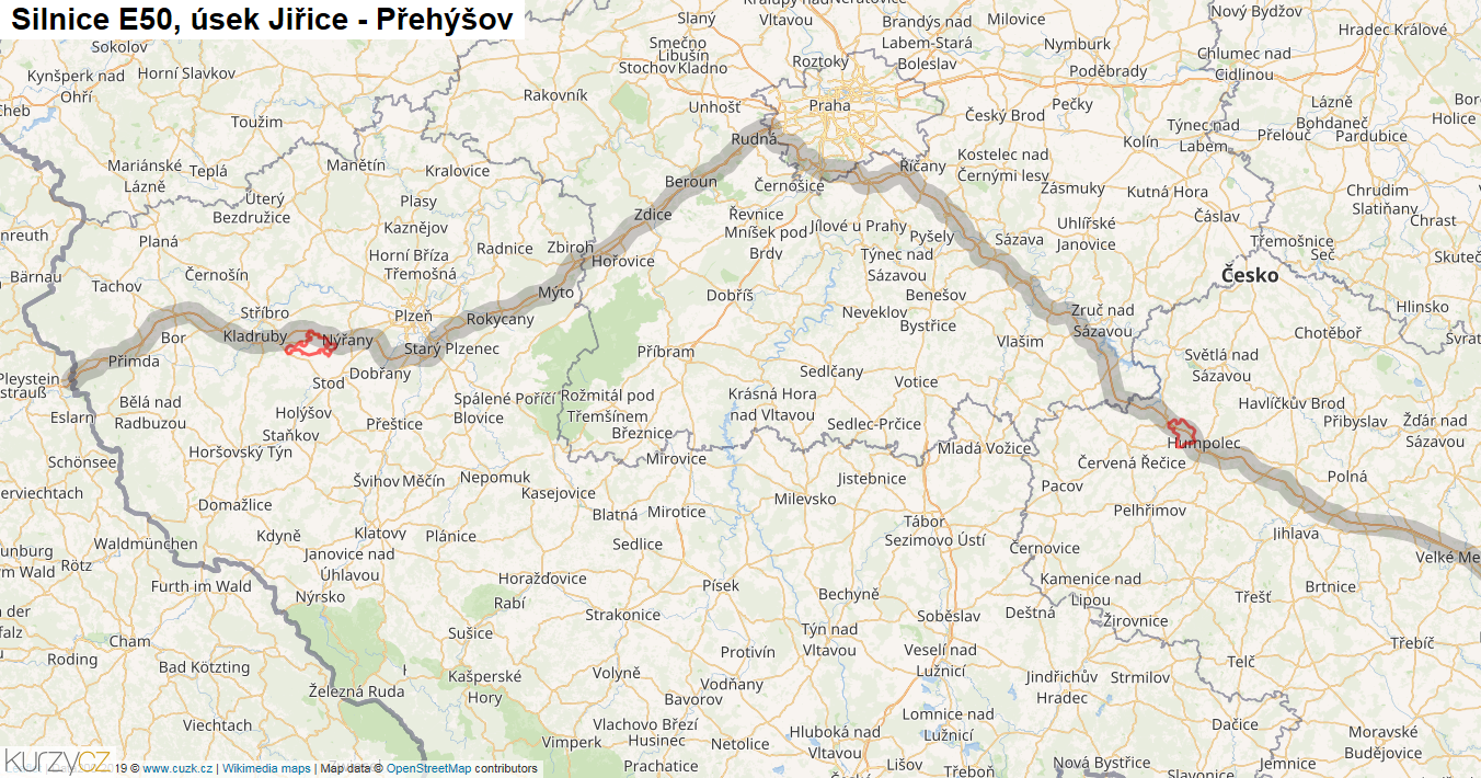 Úsek Jiřice - Přehýšov, Silnice E50 - Mapa