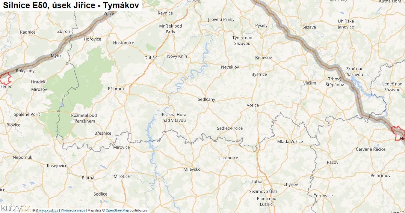 Úsek Jiřice - Tymákov, Silnice E50 - Mapa