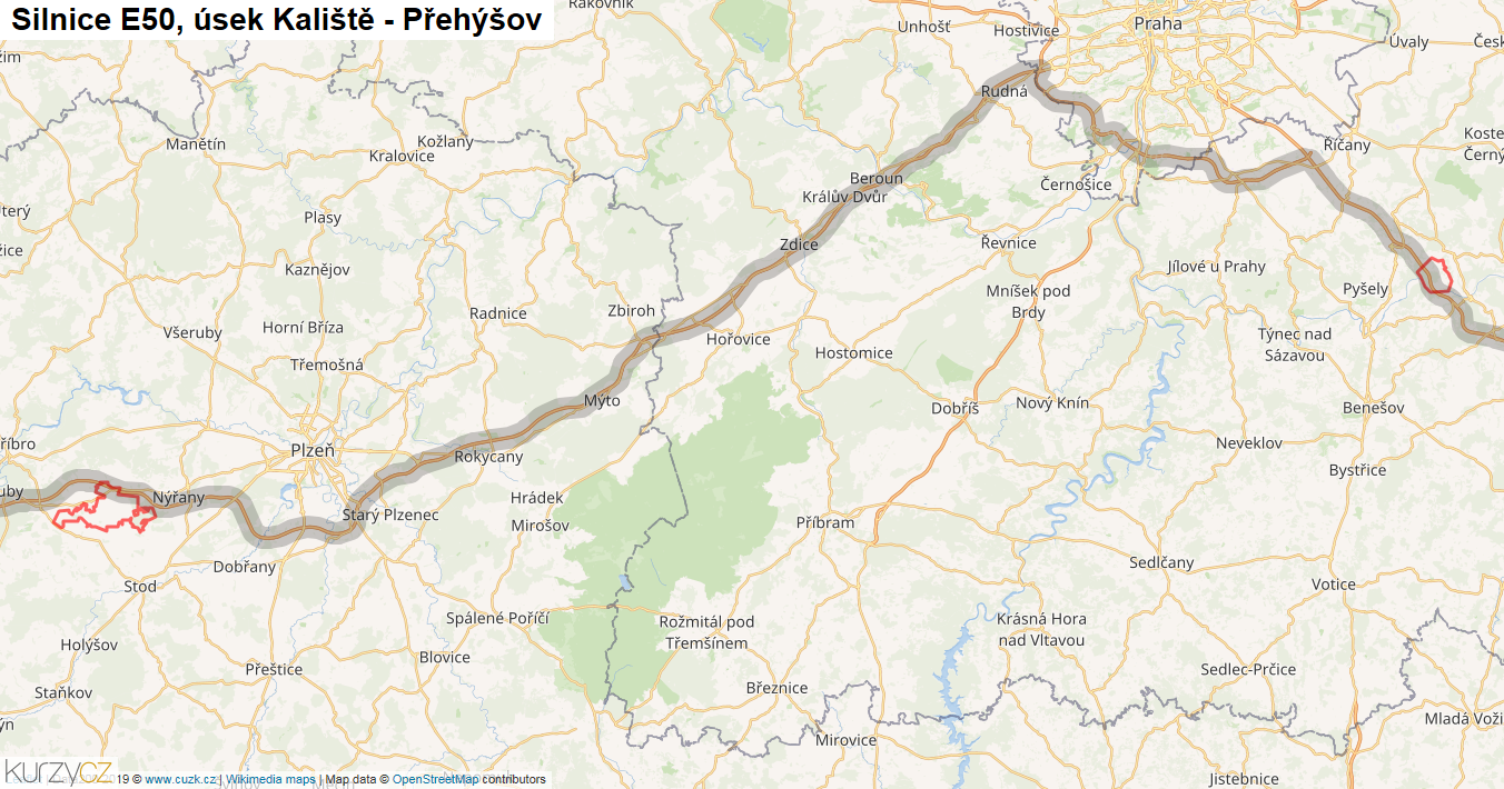 Úsek Kaliště - Přehýšov, Silnice E50 - Mapa