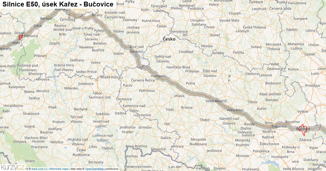 Úsek Kařez - Bučovice, Silnice E50 - Mapa