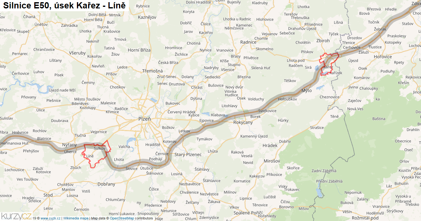 Úsek Kařez - Líně, Silnice E50 - Mapa