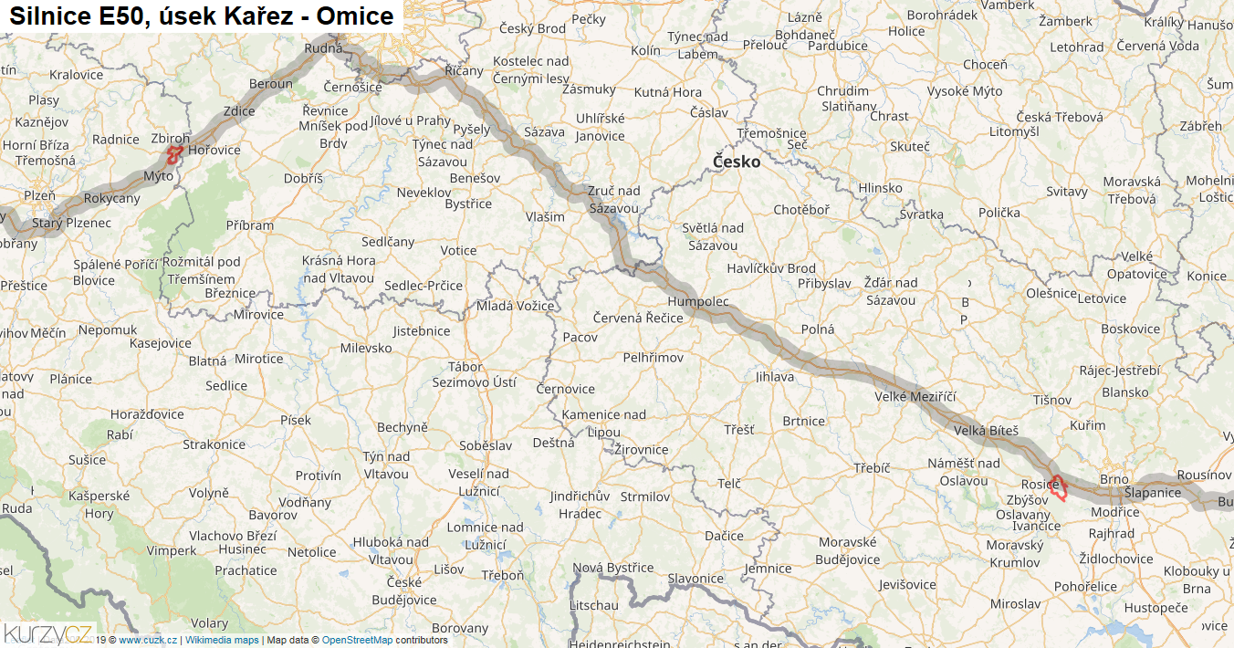Úsek Kařez - Omice, Silnice E50 - Mapa