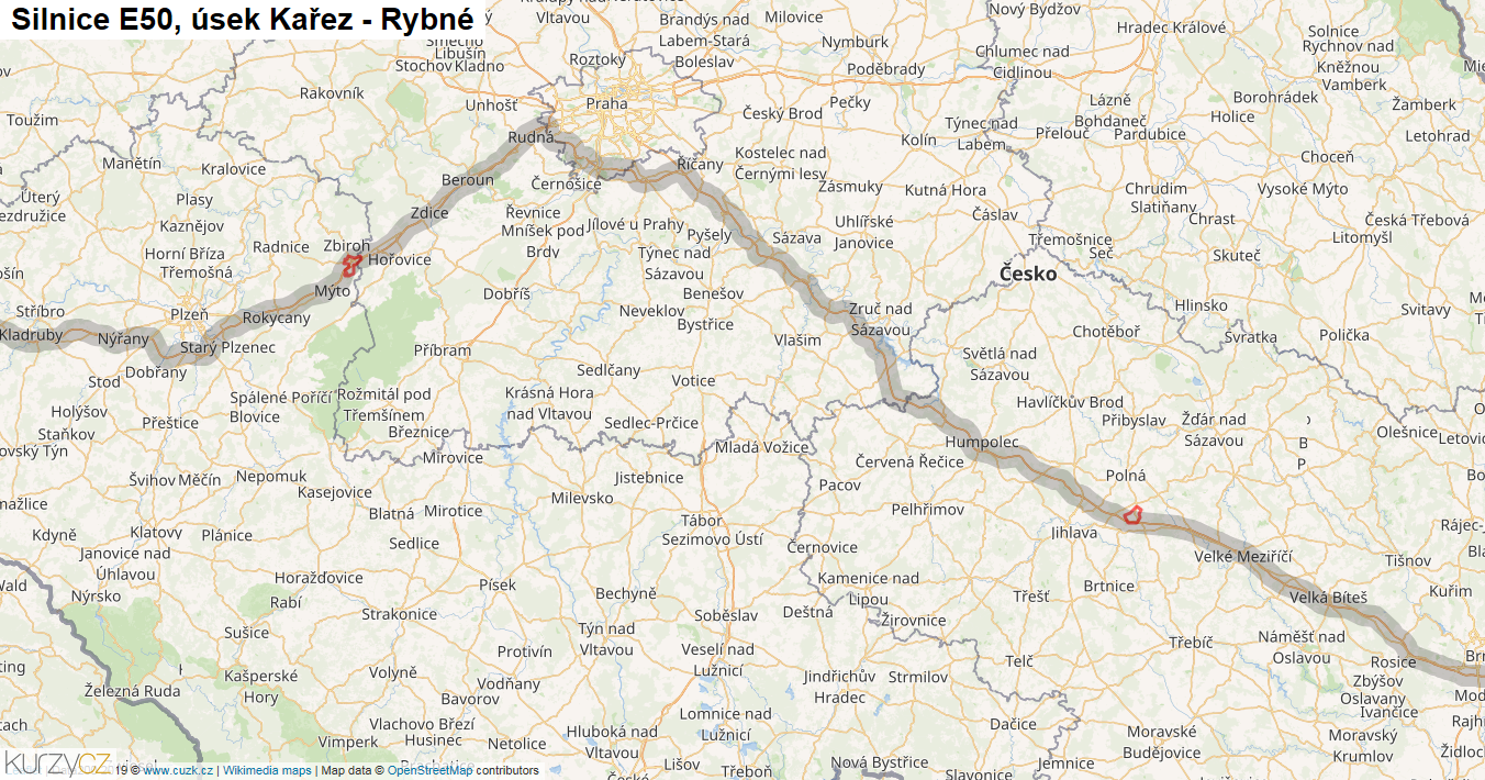 Úsek Kařez - Rybné, Silnice E50 - Mapa