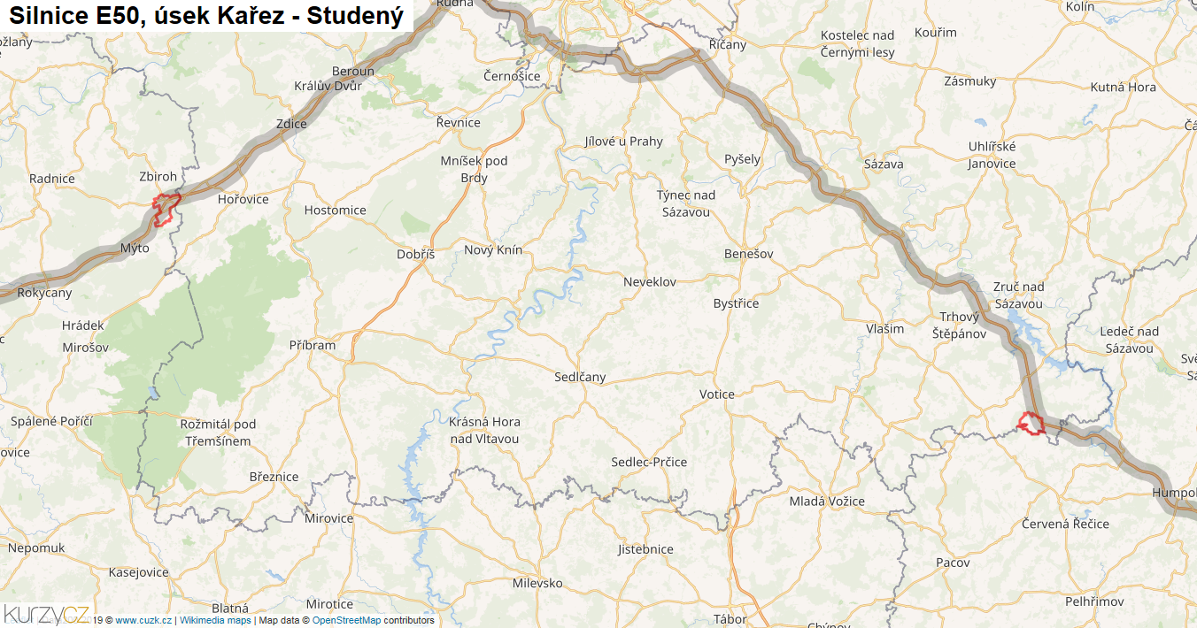Úsek Kařez - Studený, Silnice E50 - Mapa