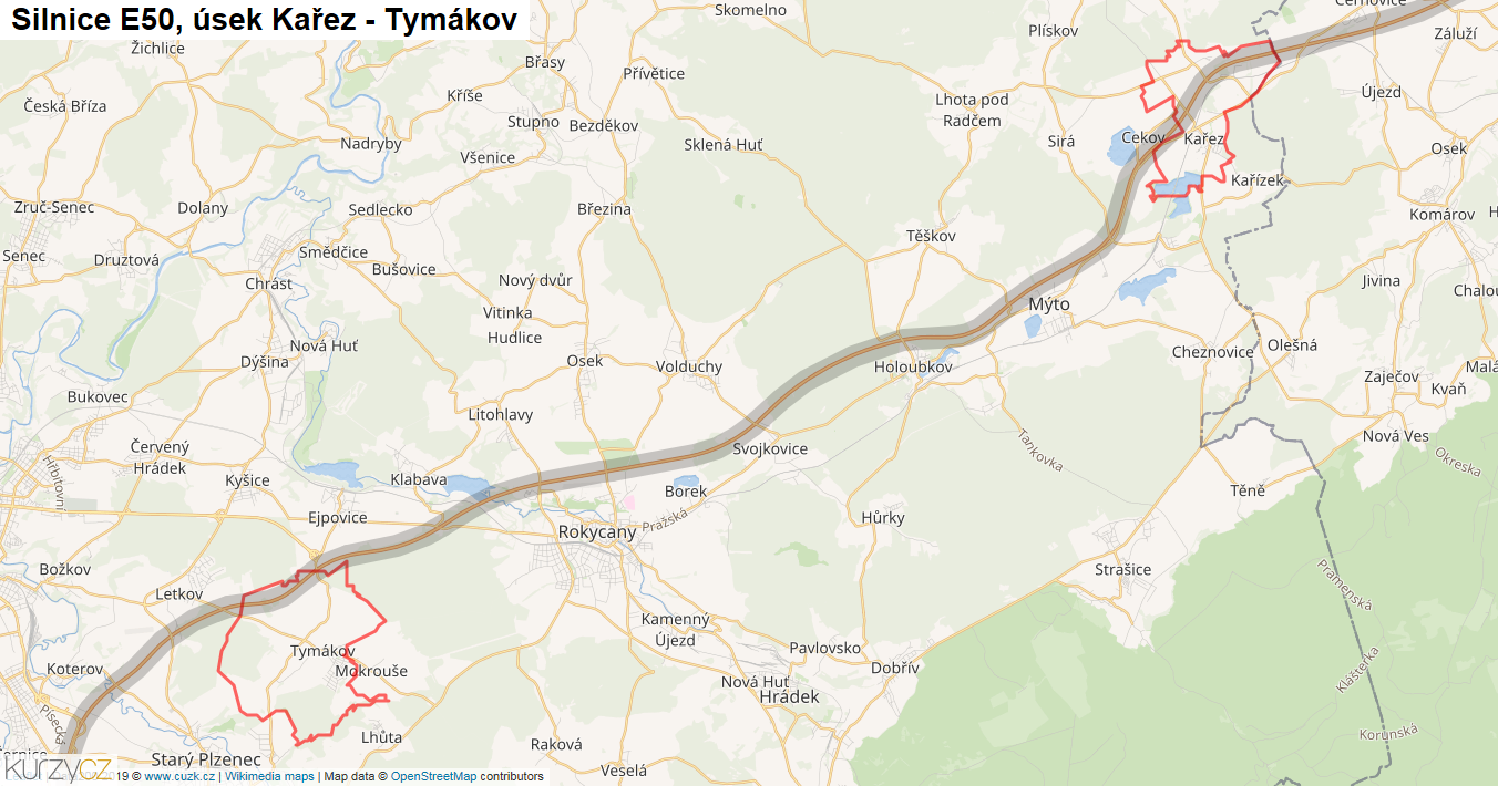 Úsek Kařez - Tymákov, Silnice E50 - Mapa