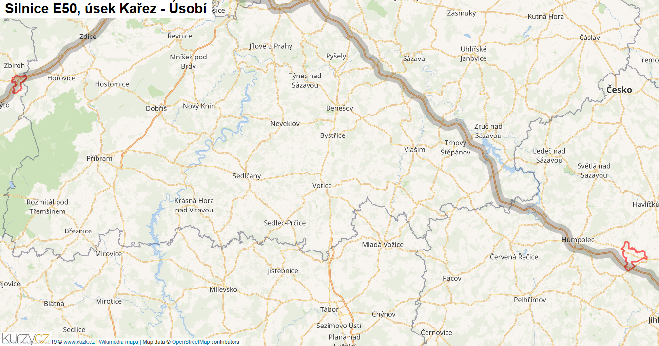 Úsek Kařez - Úsobí, Silnice E50 - Mapa