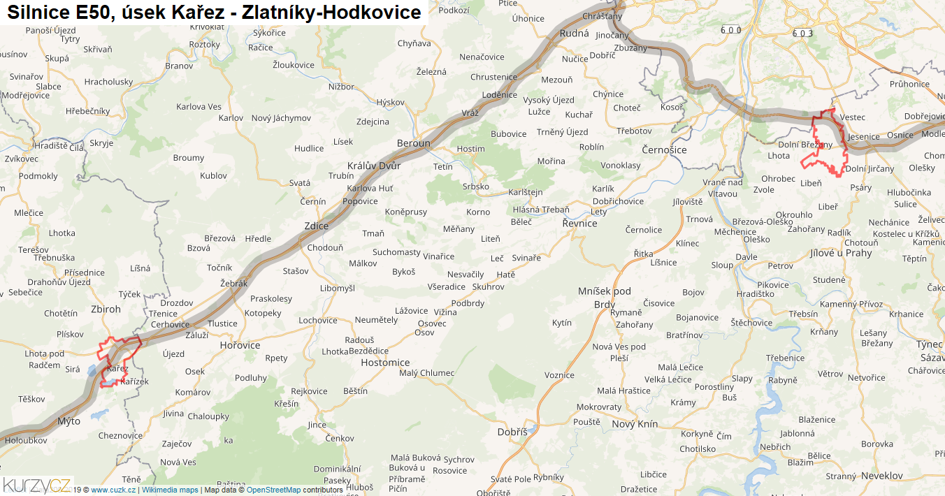 Úsek Kařez - Zlatníky-Hodkovice, Silnice E50 - Mapa