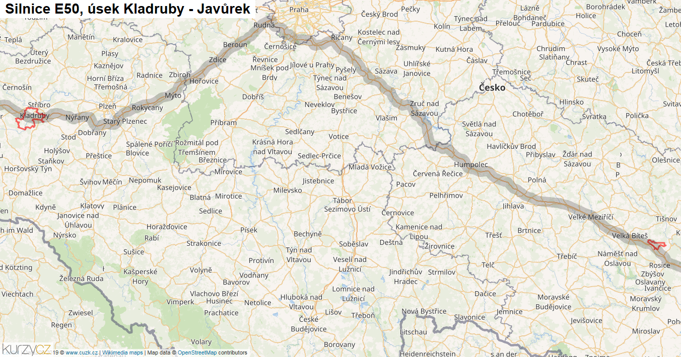 Úsek Kladruby - Javůrek, Silnice E50 - Mapa