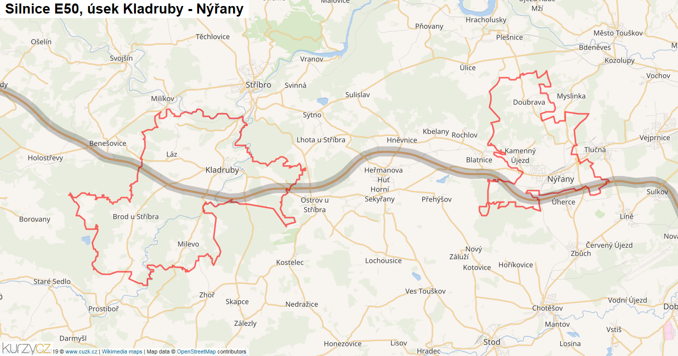 Úsek Kladruby - Nýřany, Silnice E50 - Mapa