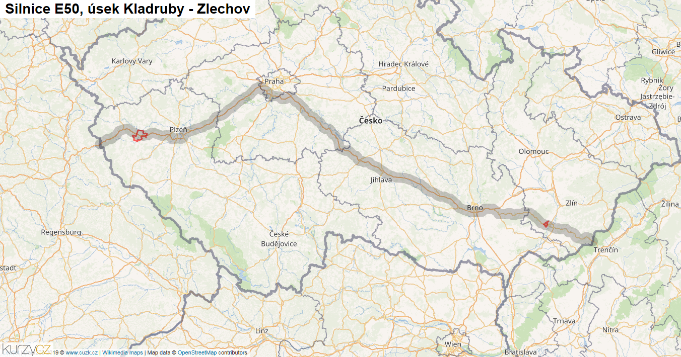 Úsek Kladruby - Zlechov, Silnice E50 - Mapa