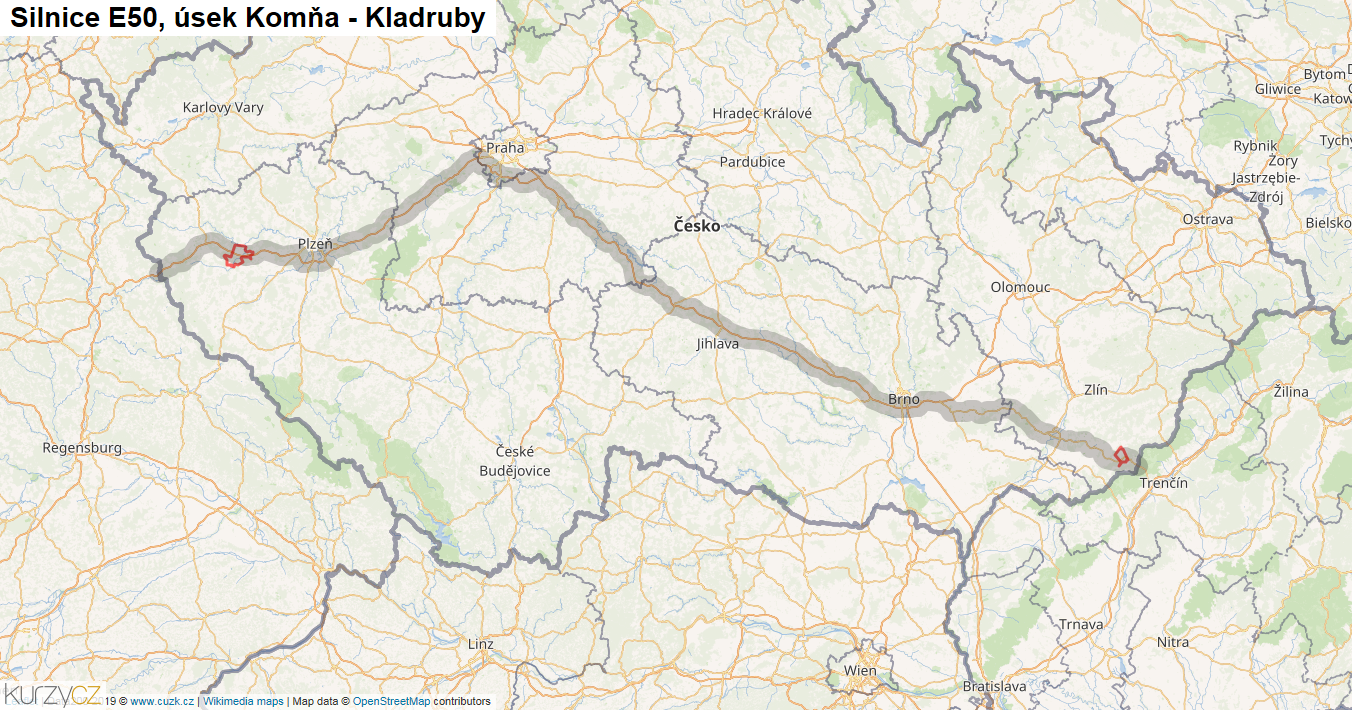 Úsek Komňa - Kladruby, Silnice E50 - Mapa