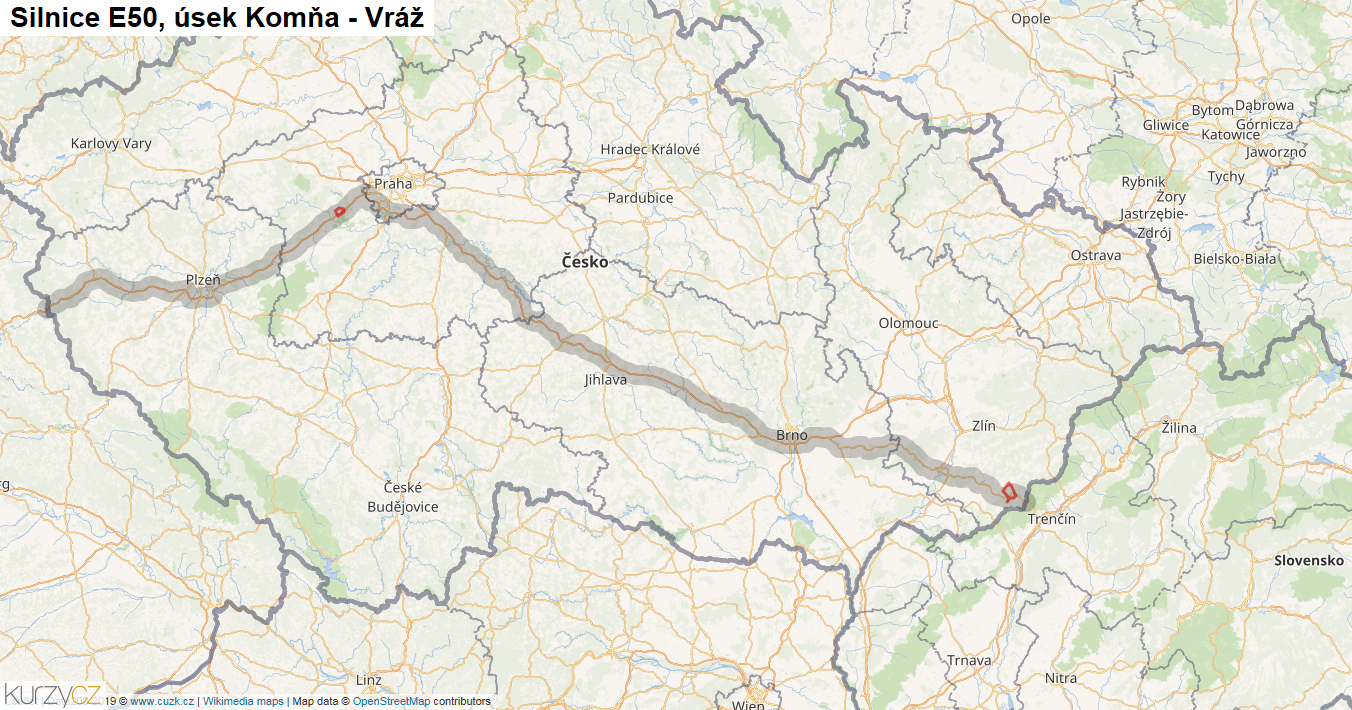Úsek Komňa - Vráž, Silnice E50 - Mapa