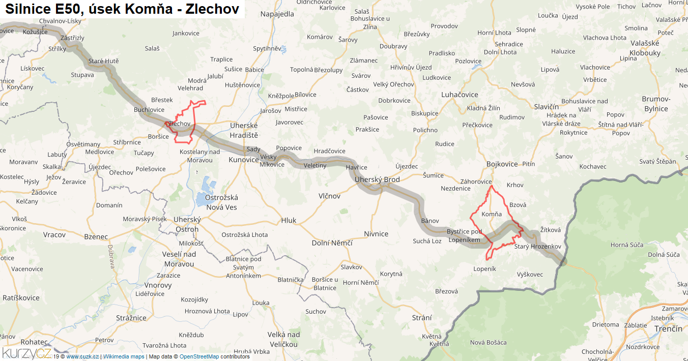 Úsek Komňa - Zlechov, Silnice E50 - Mapa