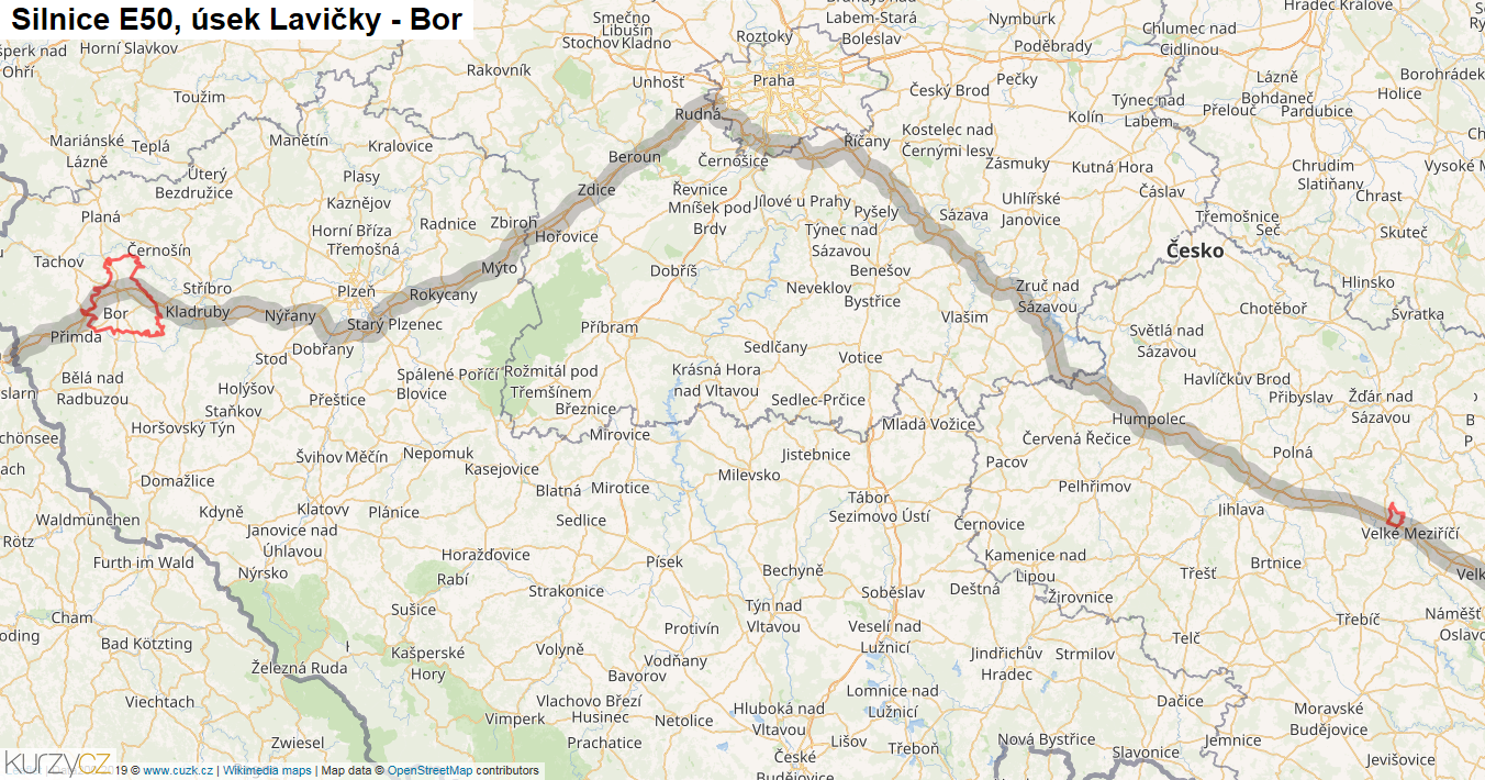 Úsek Lavičky - Bor, Silnice E50 - Mapa