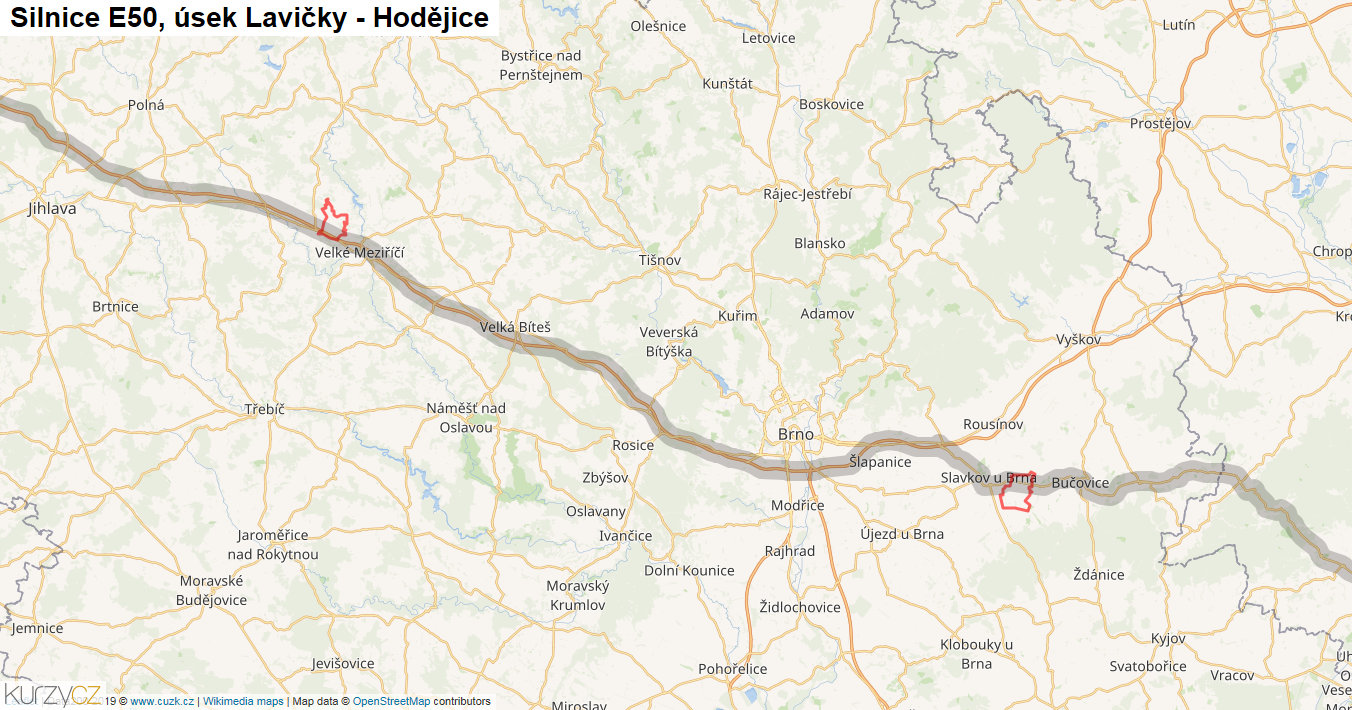 Úsek Lavičky - Hodějice, Silnice E50 - Mapa