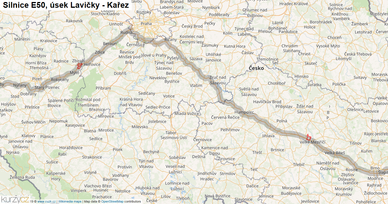 Úsek Lavičky - Kařez, Silnice E50 - Mapa