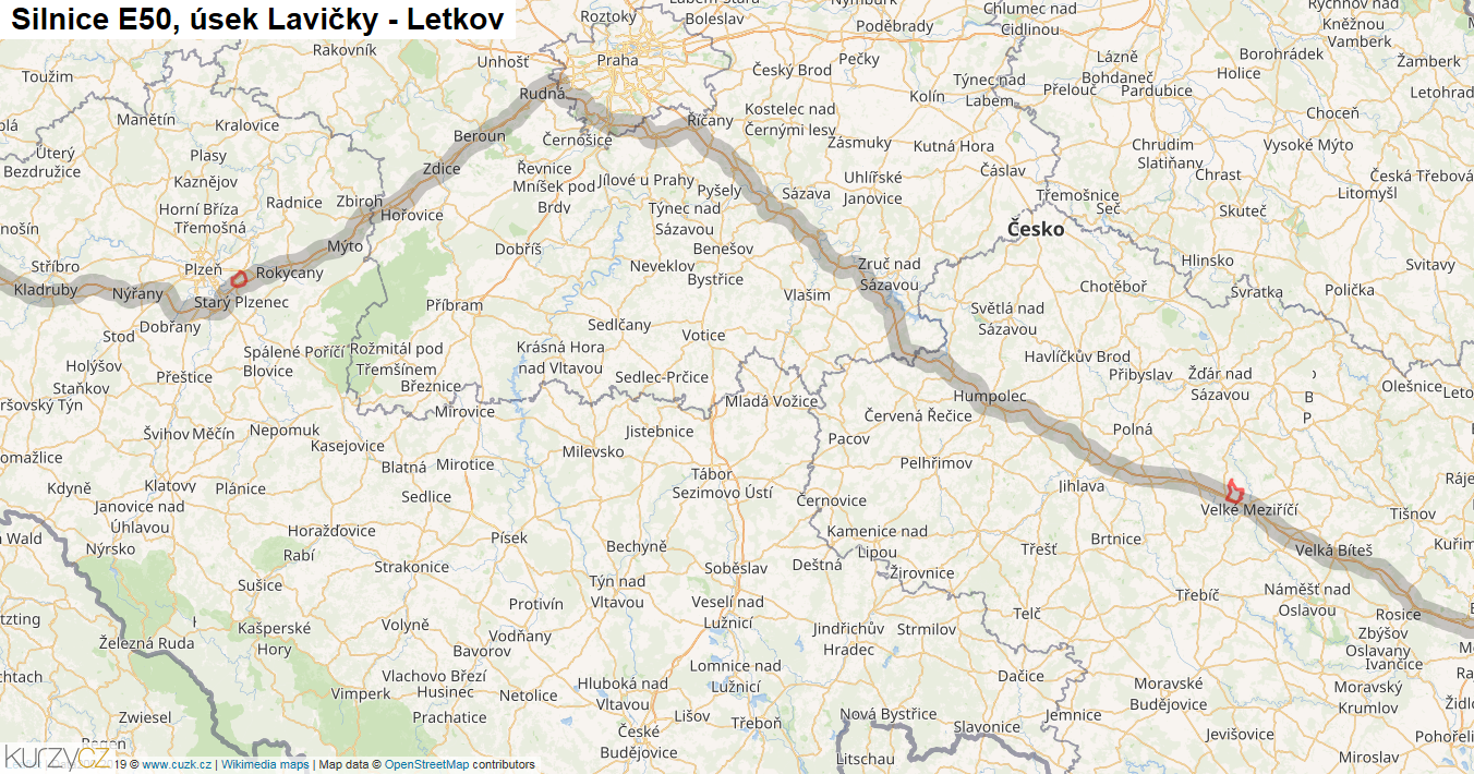 Úsek Lavičky - Letkov, Silnice E50 - Mapa