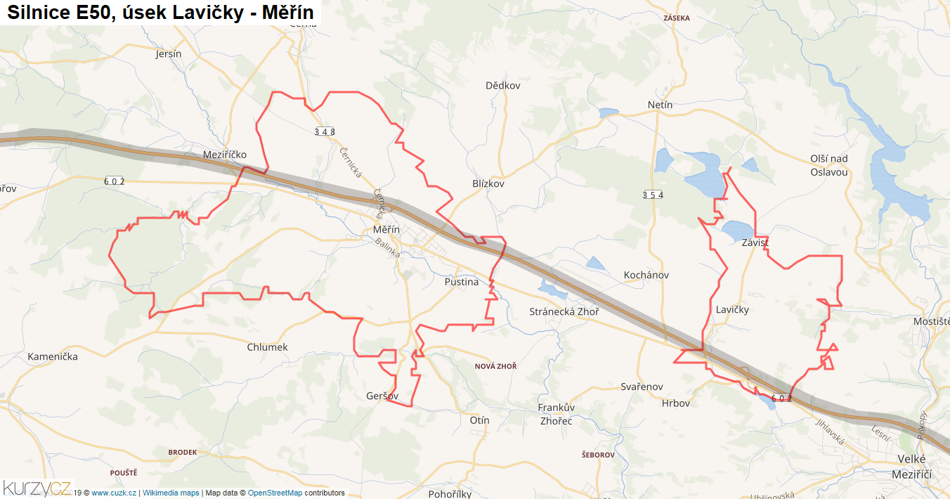 Úsek Lavičky - Měřín, Silnice E50 - Mapa