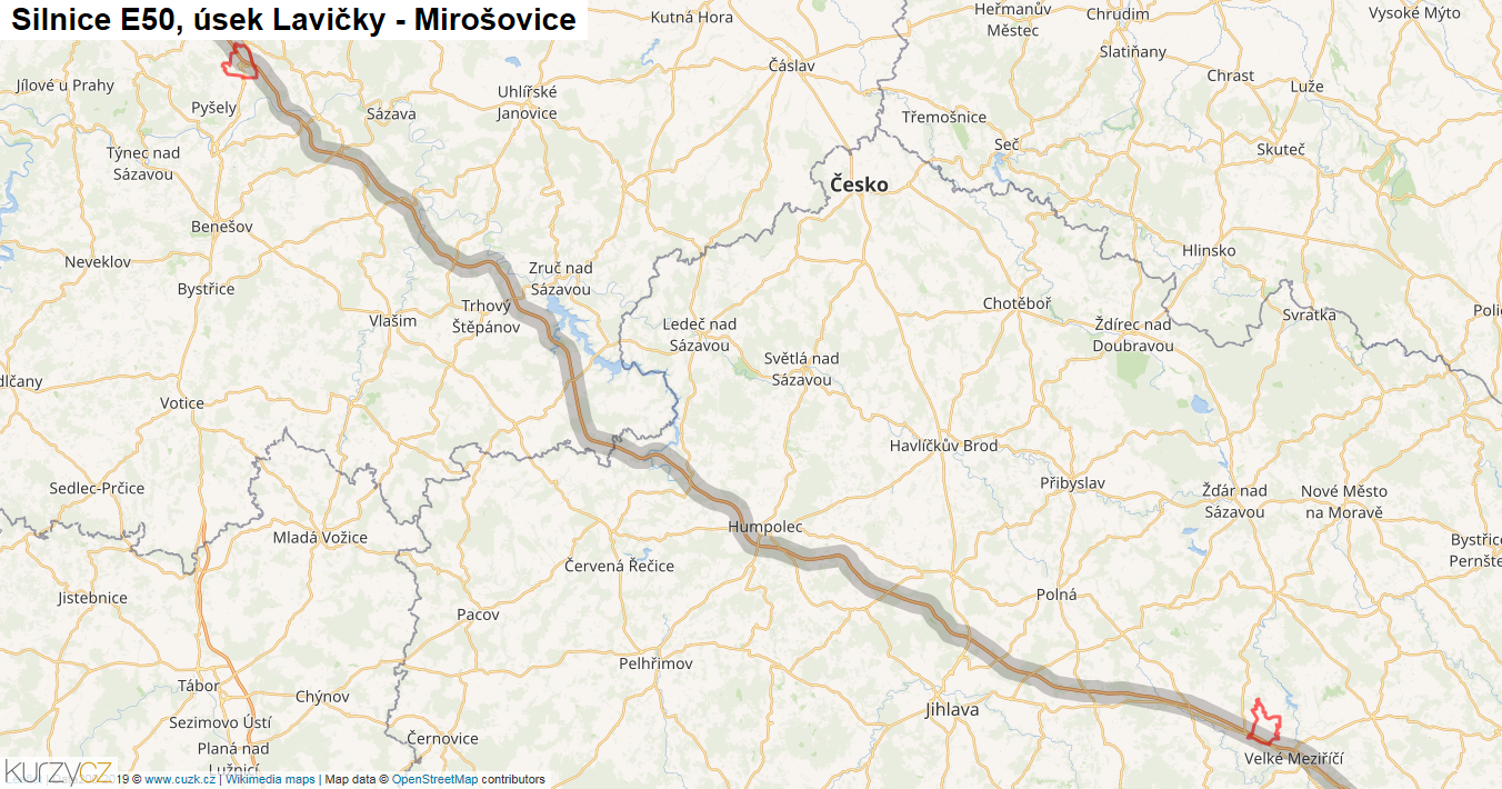 Úsek Lavičky - Mirošovice, Silnice E50 - Mapa