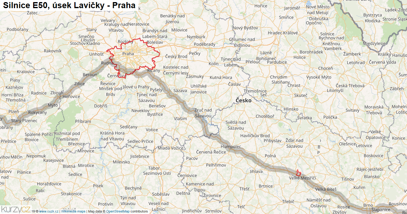 Úsek Lavičky - Praha, Silnice E50 - Mapa