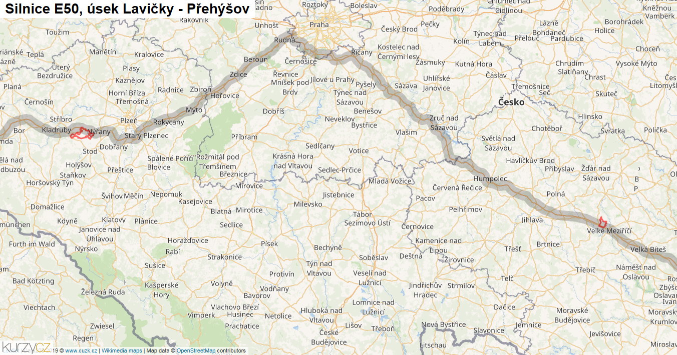 Úsek Lavičky - Přehýšov, Silnice E50 - Mapa