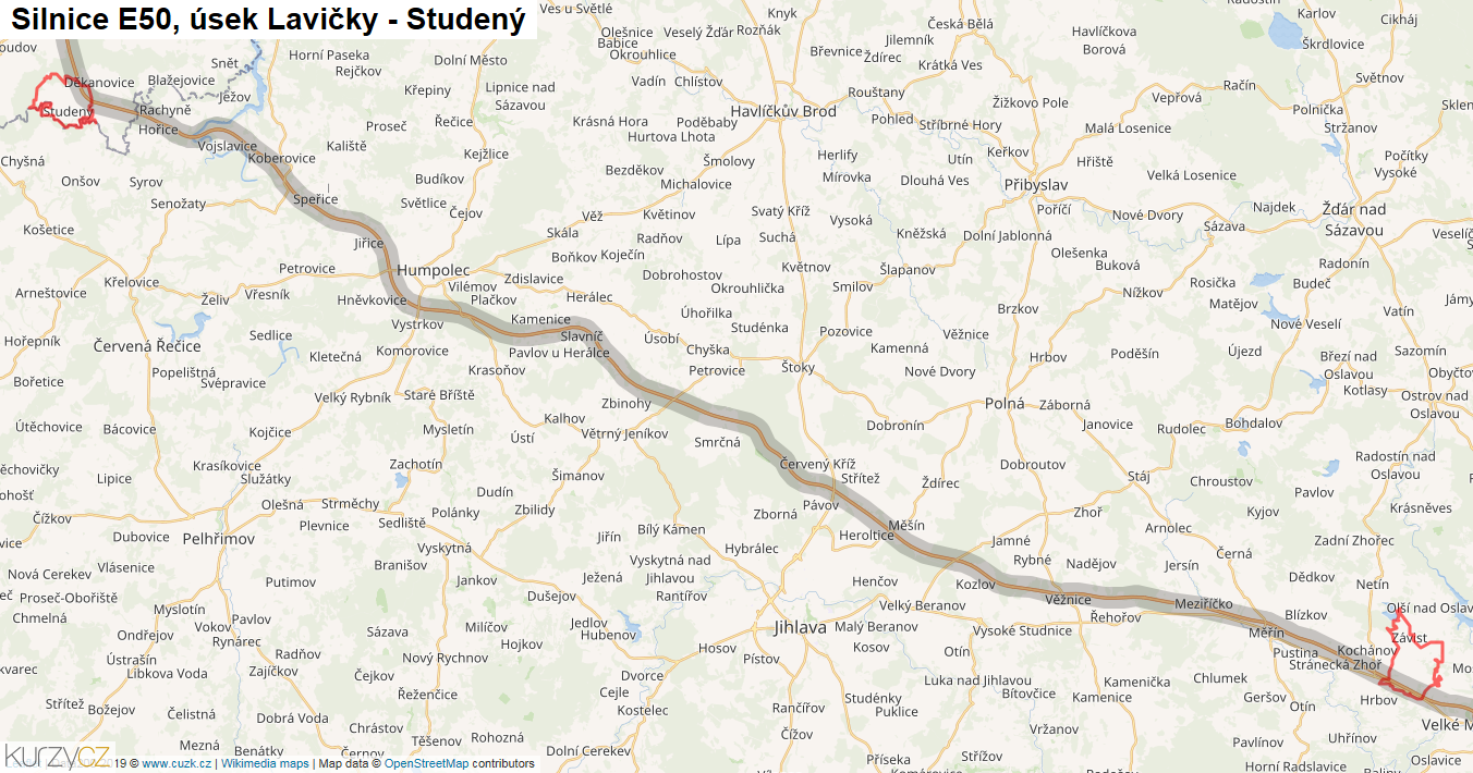 Úsek Lavičky - Studený, Silnice E50 - Mapa