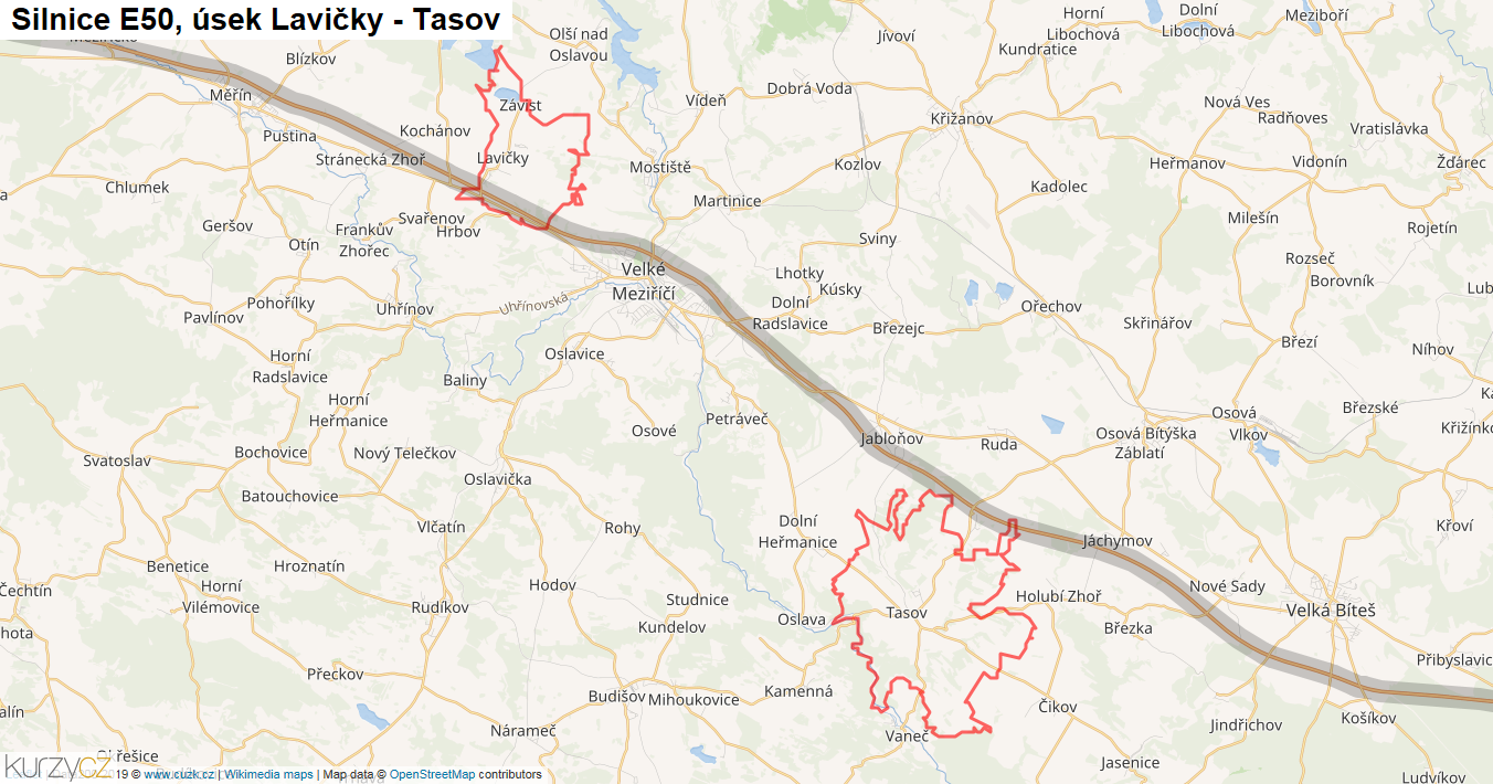 Úsek Lavičky - Tasov, Silnice E50 - Mapa