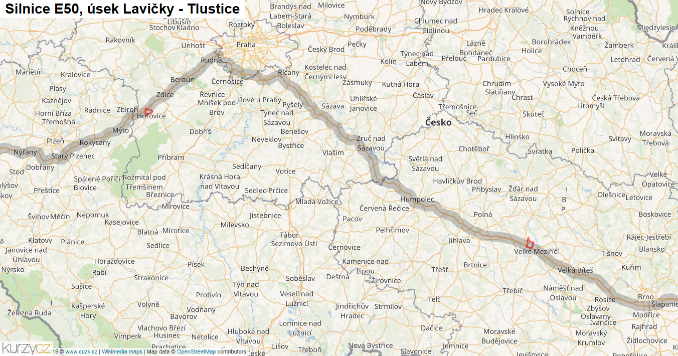 Úsek Lavičky - Tlustice, Silnice E50 - Mapa