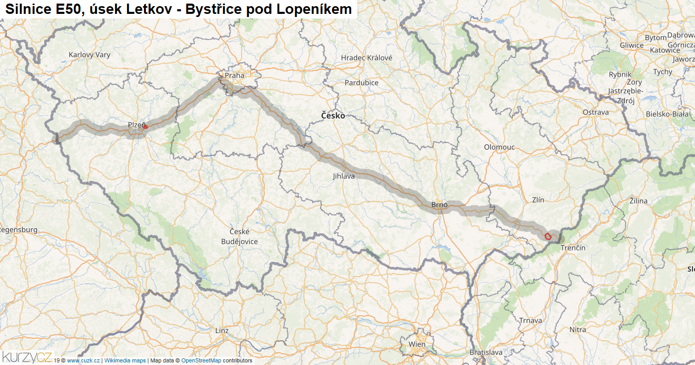 Úsek Letkov - Bystřice pod Lopeníkem, Silnice E50 - Mapa