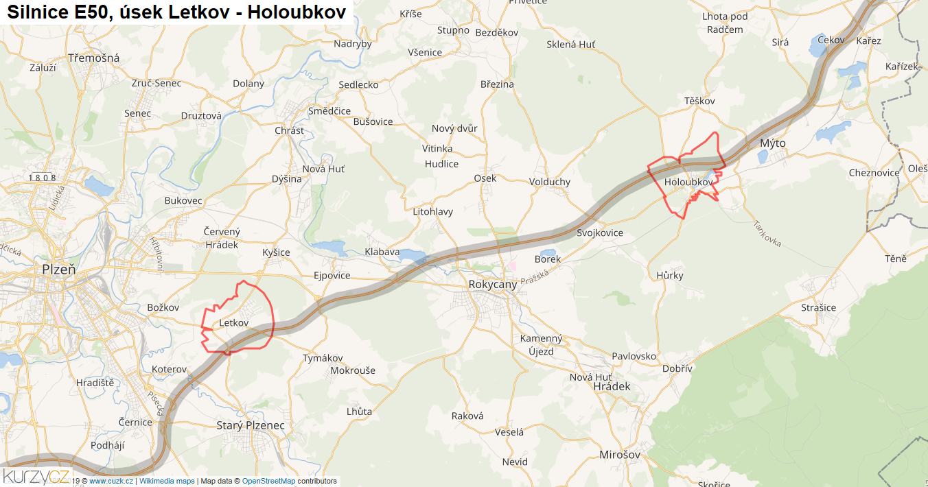Úsek Letkov - Holoubkov, Silnice E50 - Mapa