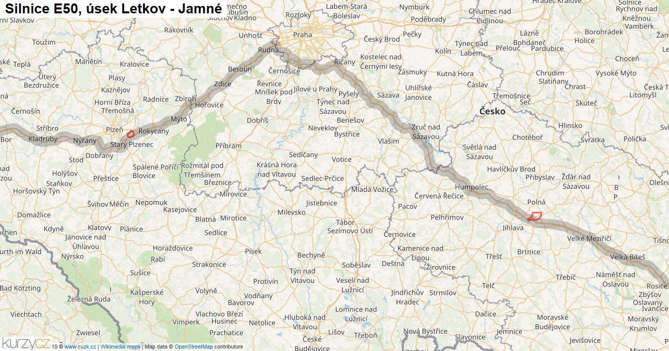 Úsek Letkov - Jamné, Silnice E50 - Mapa