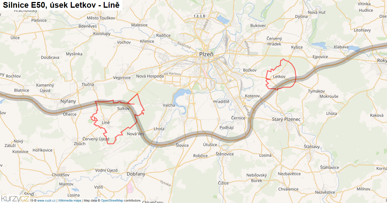 Úsek Letkov - Líně, Silnice E50 - Mapa