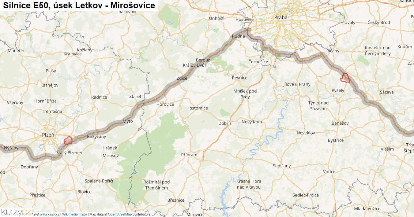 Úsek Letkov - Mirošovice, Silnice E50 - Mapa