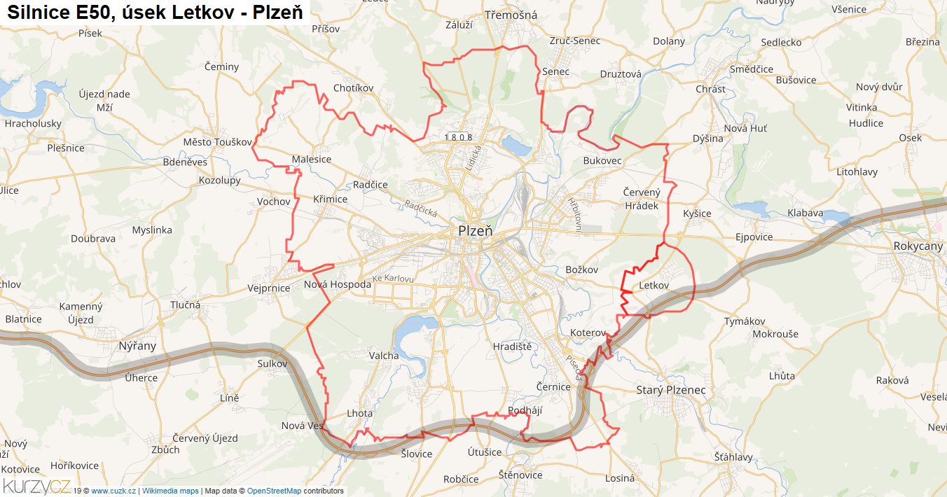Úsek Letkov - Plzeň, Silnice E50 - Mapa