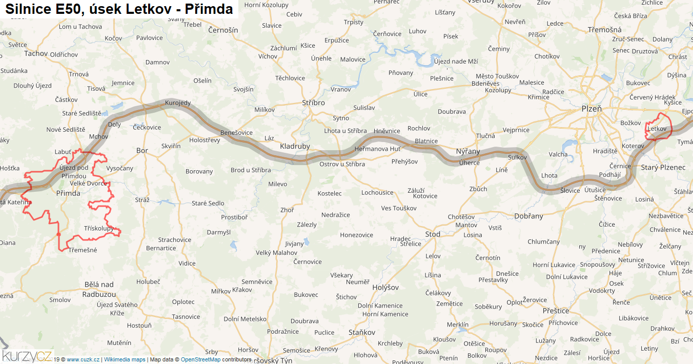 Úsek Letkov - Přimda, Silnice E50 - Mapa