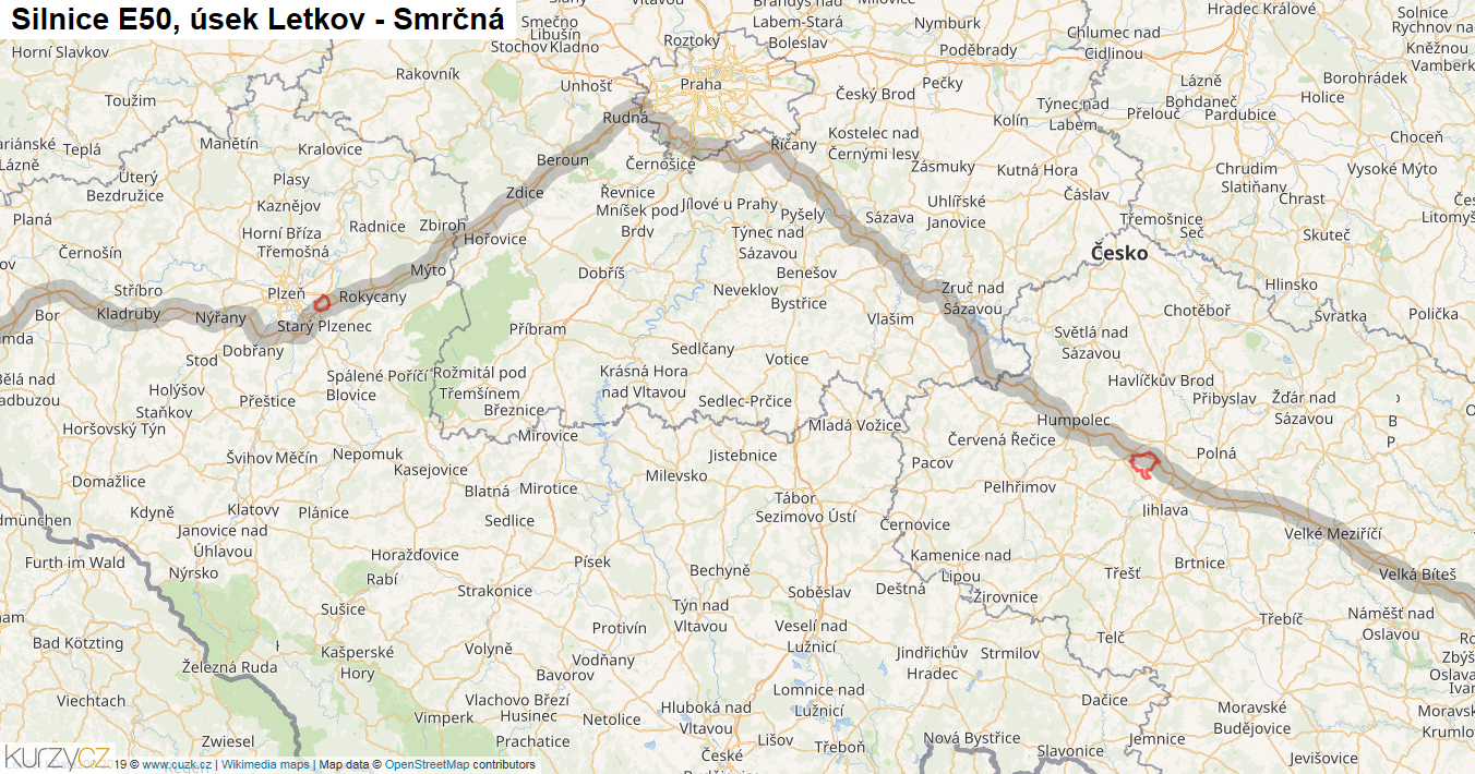 Úsek Letkov - Smrčná, Silnice E50 - Mapa