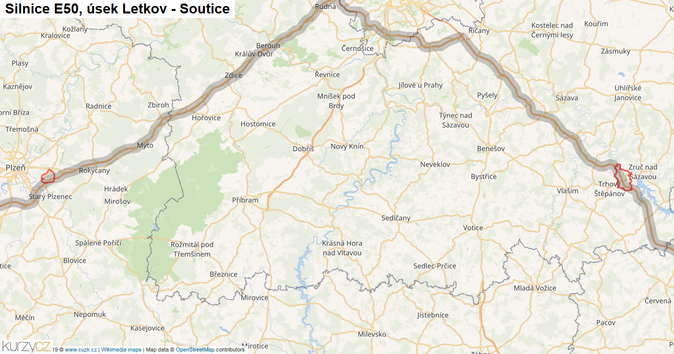 Úsek Letkov - Soutice, Silnice E50 - Mapa
