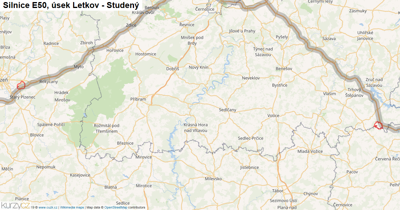 Úsek Letkov - Studený, Silnice E50 - Mapa