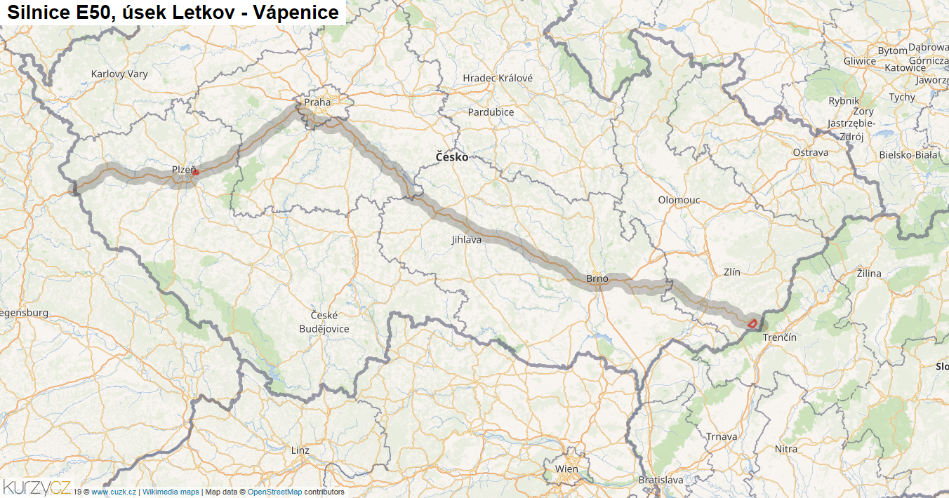 Úsek Letkov - Vápenice, Silnice E50 - Mapa
