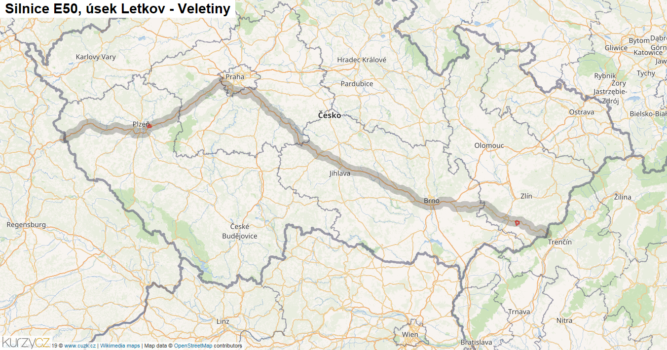 Úsek Letkov - Veletiny, Silnice E50 - Mapa