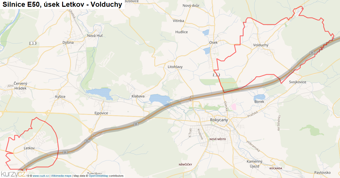 Úsek Letkov - Volduchy, Silnice E50 - Mapa