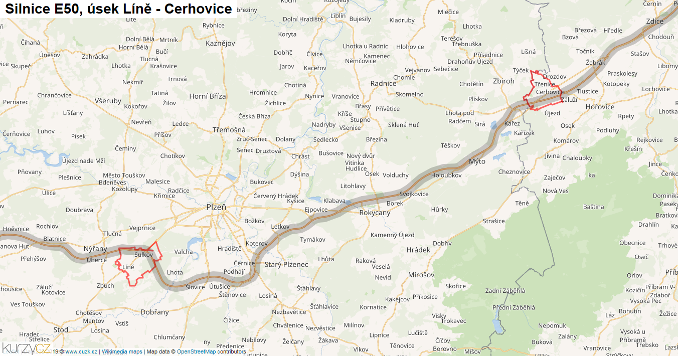 Úsek Líně - Cerhovice, Silnice E50 - Mapa