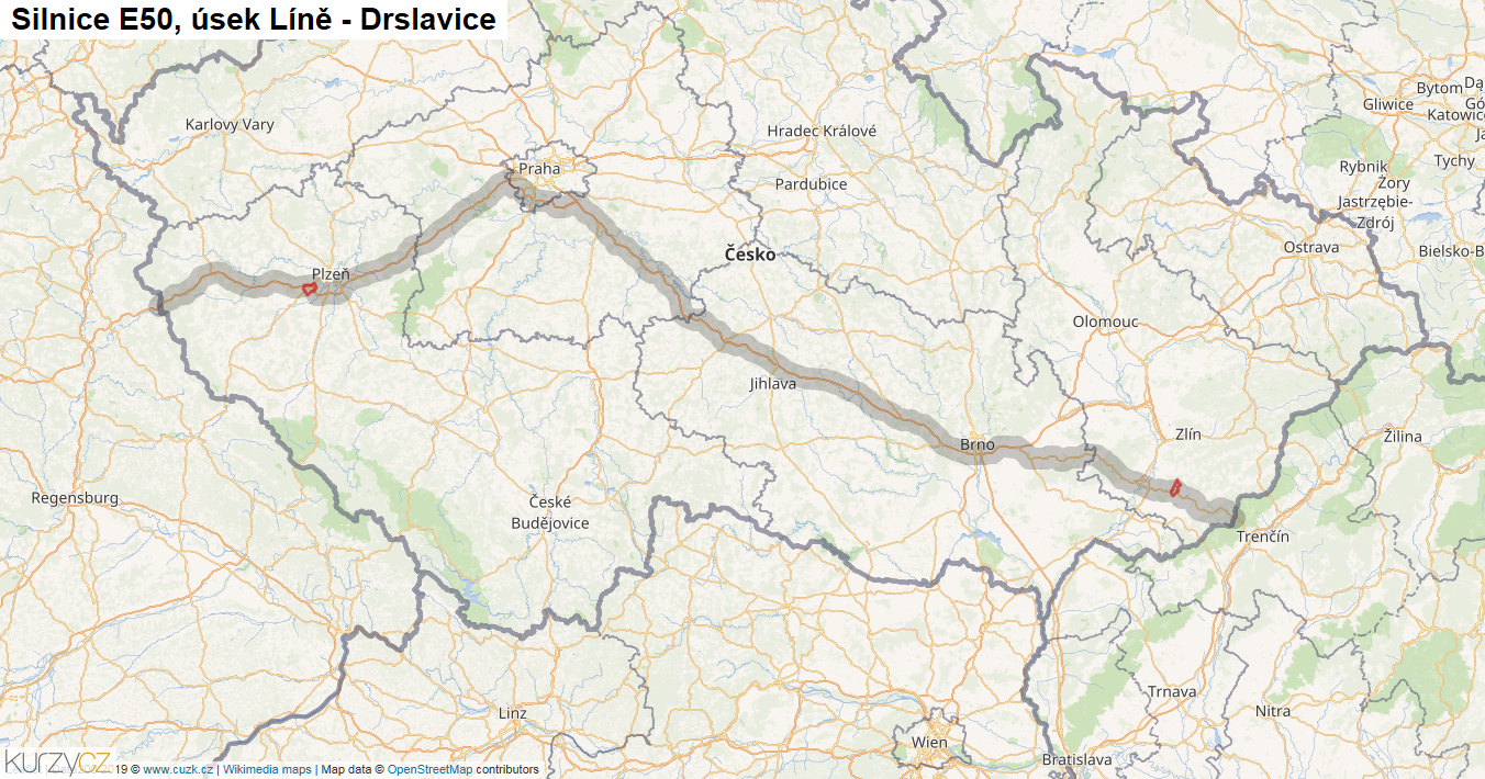 Úsek Líně - Drslavice, Silnice E50 - Mapa