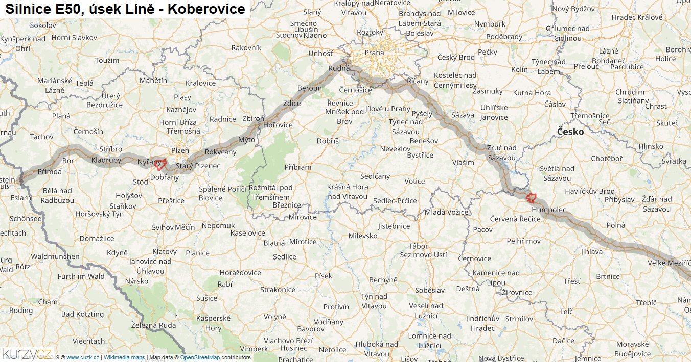 Úsek Líně - Koberovice, Silnice E50 - Mapa